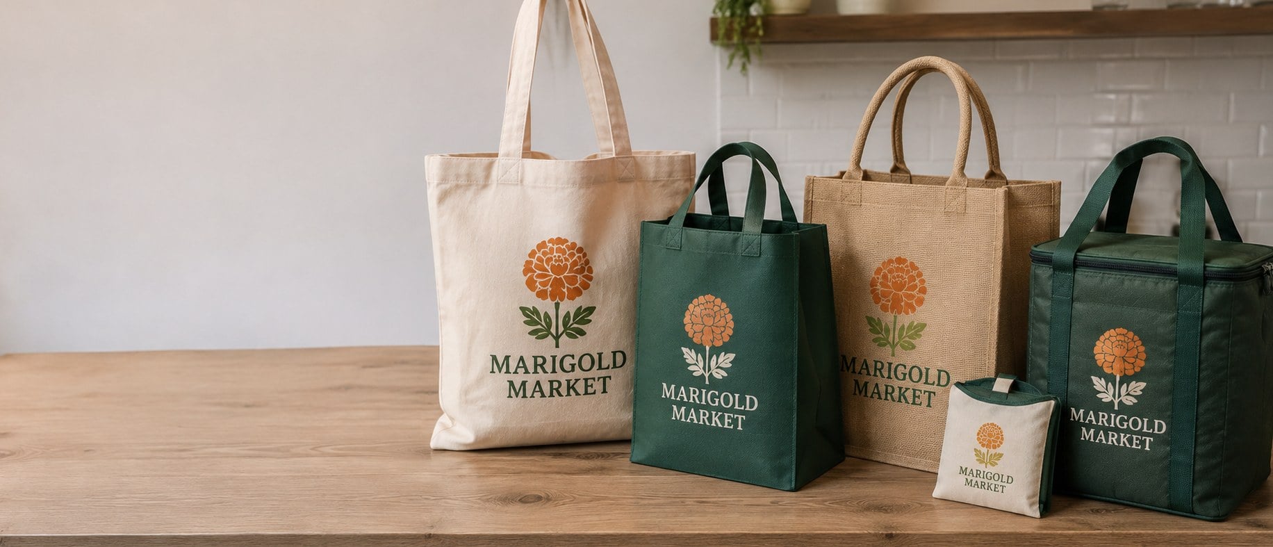 Custom printed reusable tote bags with a logo standing on a wooden counter